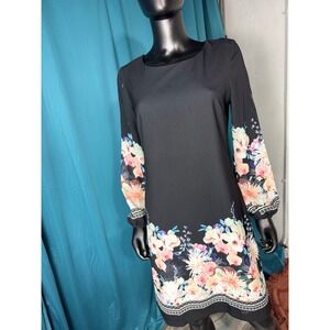 Lori Michaels Black Floral Print Long Sleeve Sheer Dress 6